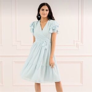 Elegant Light Blue Ruffle Sleeve Dress